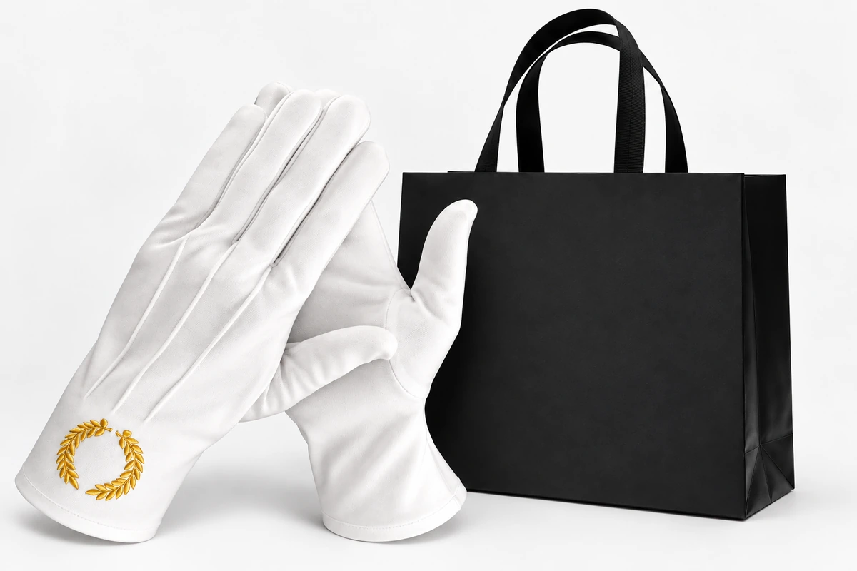 White gloves with gold cuff embroidery beside a black handled bag