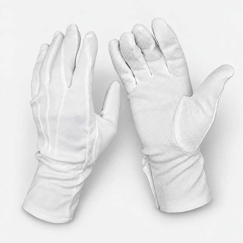 White formal fabric gloves showing a pearl wrist clasp and palm texture