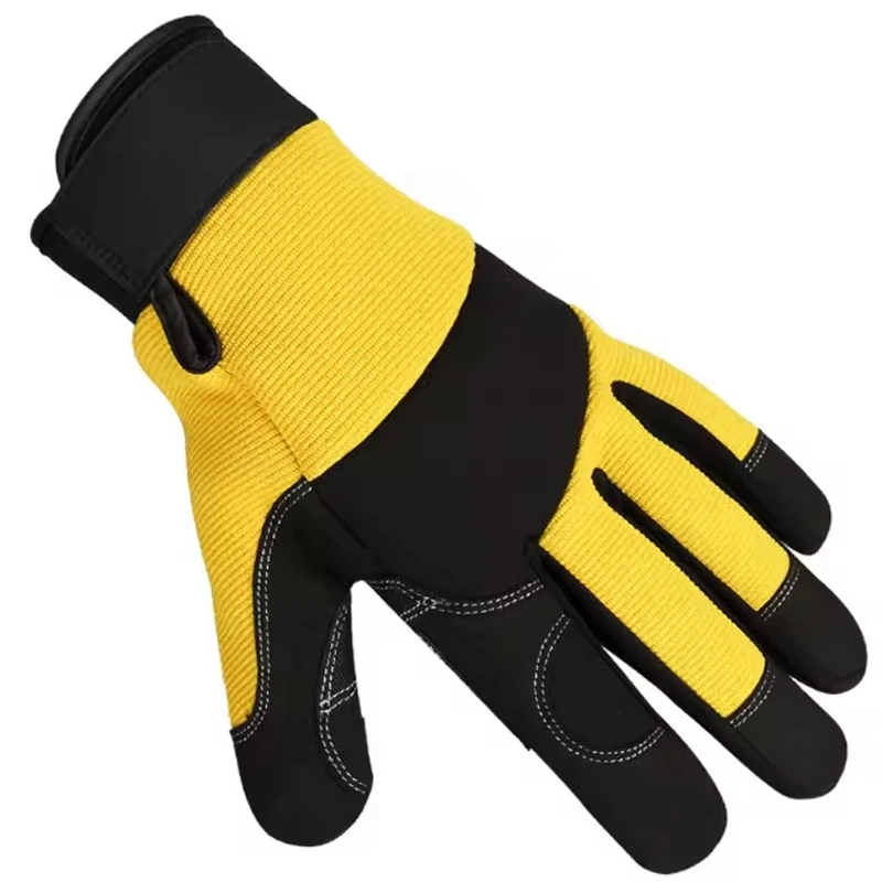Yellow and black glove with segmented finger panels and a wrist strap