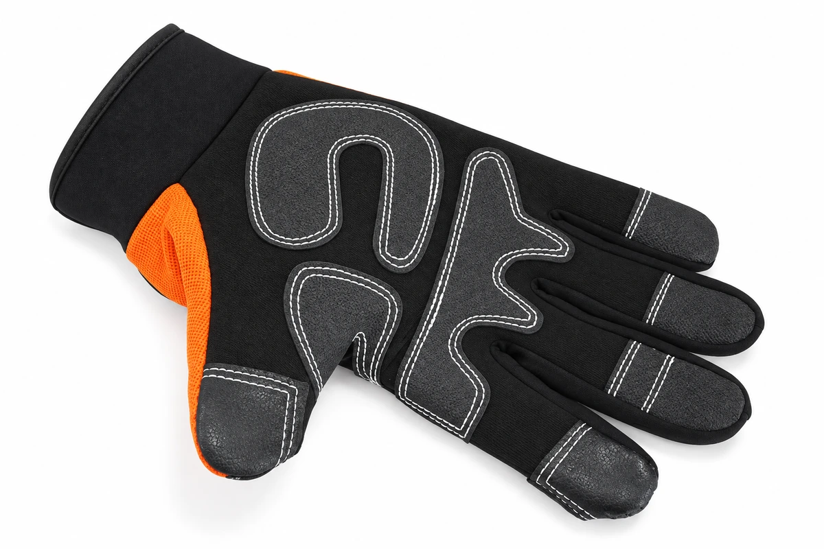 Black glove palm with stitched reinforcement and an orange side panel