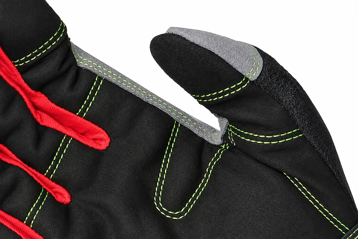 Lime contrasting stitching around black and gray glove panels