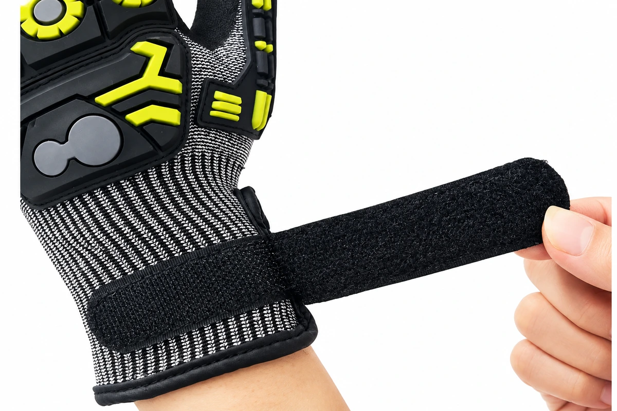 Hand adjusting a black glove wrist strap
