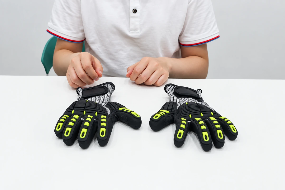 Person reviewing a pair of gray gloves on a white table