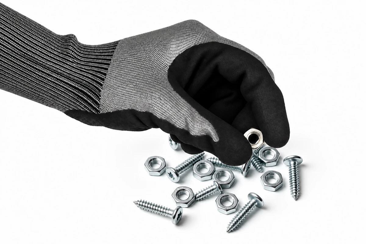 Gray and black gloved hand picking up a metal nut beside fasteners