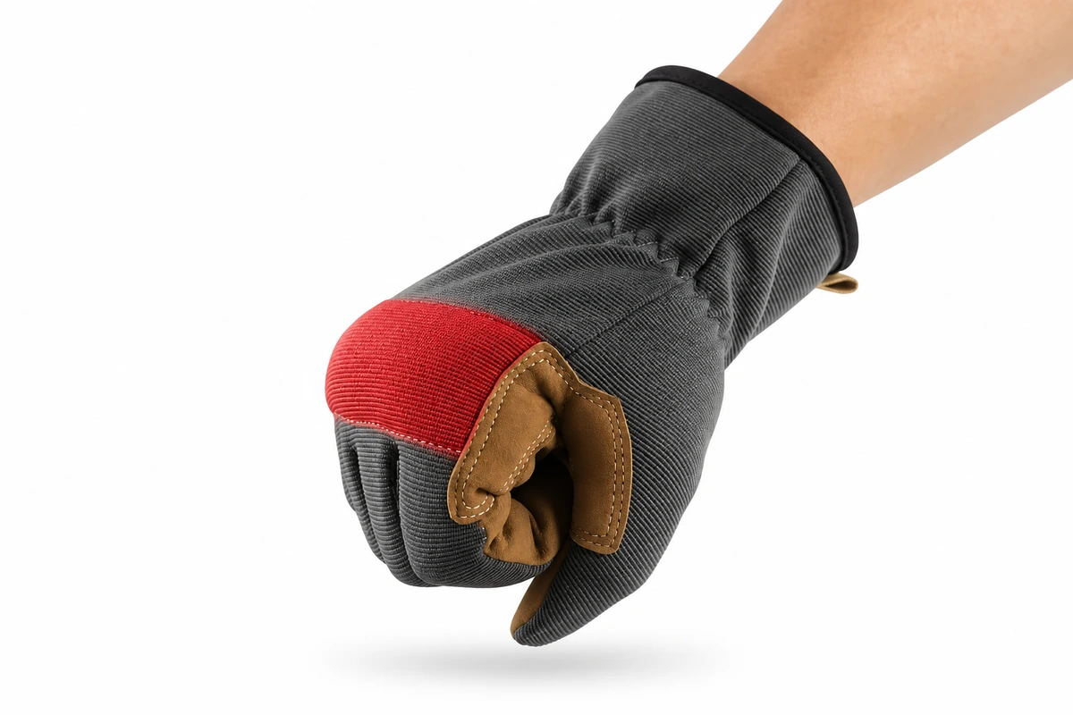 Gray glove with a red knuckle panel worn on a flexed hand