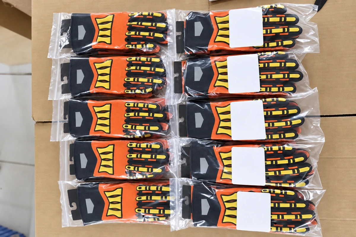 Individually bagged orange and black gloves arranged with paper labels