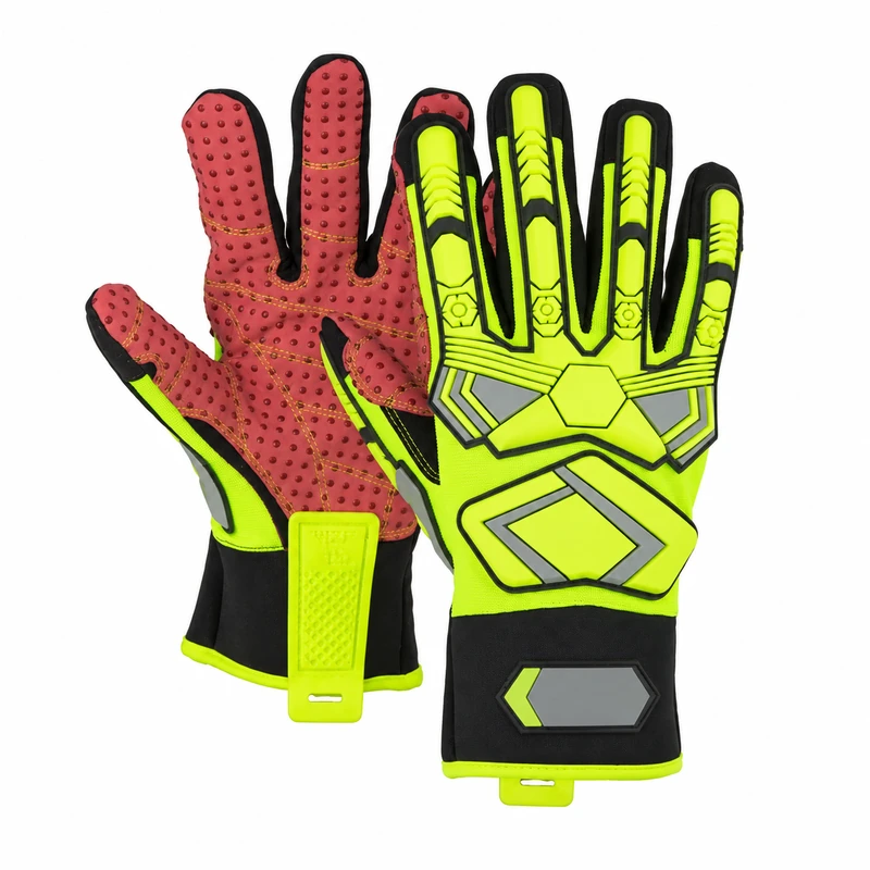 Lime reinforced gloves showing the guarded back and red dotted palm