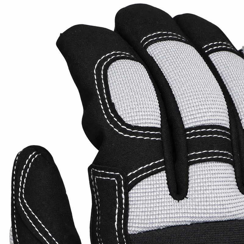 Gray finger panels with black trim and white stitching
