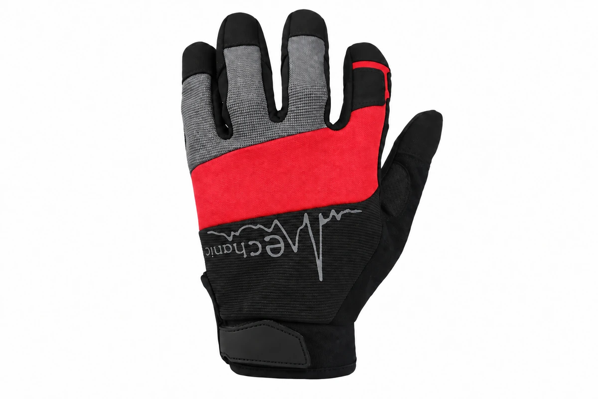 Red, gray and black glove with a printed back graphic and plain wrist tab