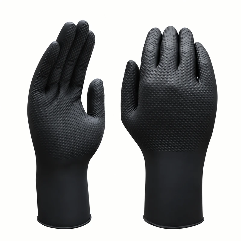 Black disposable gloves showing textured palms and rolled cuffs