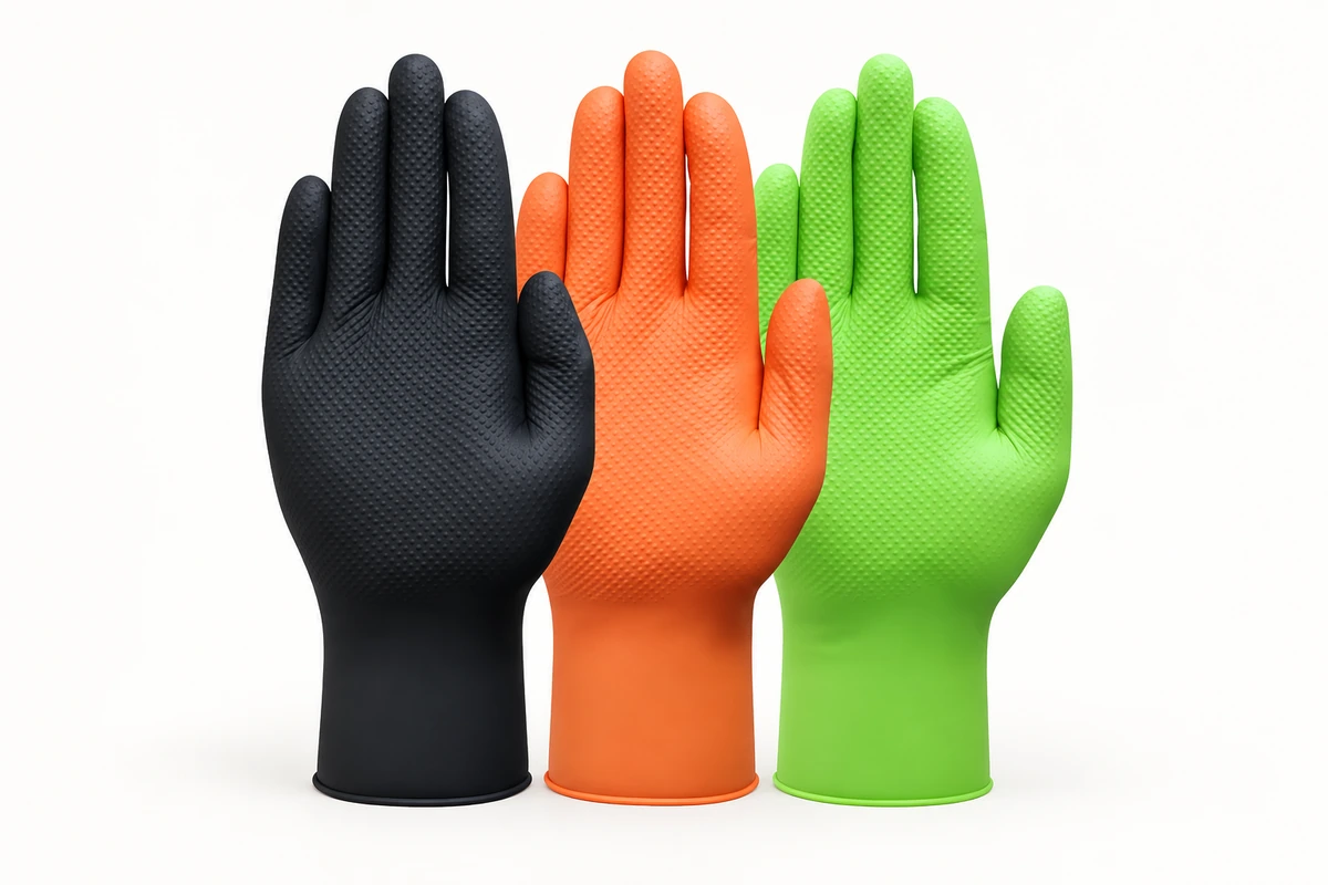 Black orange and green disposable gloves with textured palms