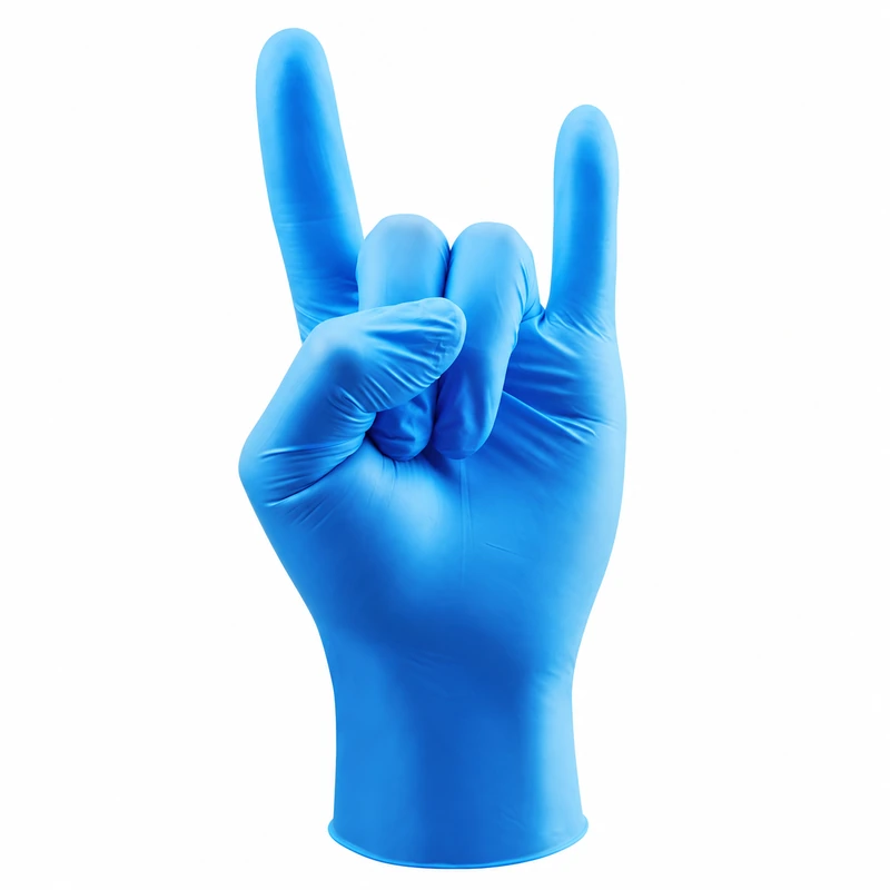 Blue disposable glove with curved fingers