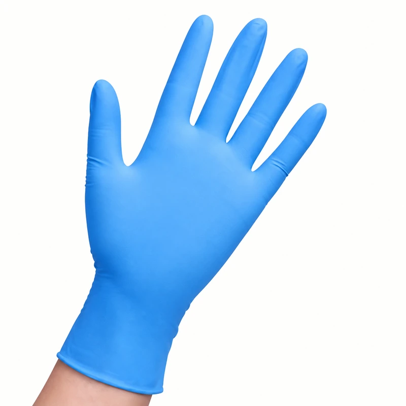 Blue disposable glove worn with an open palm