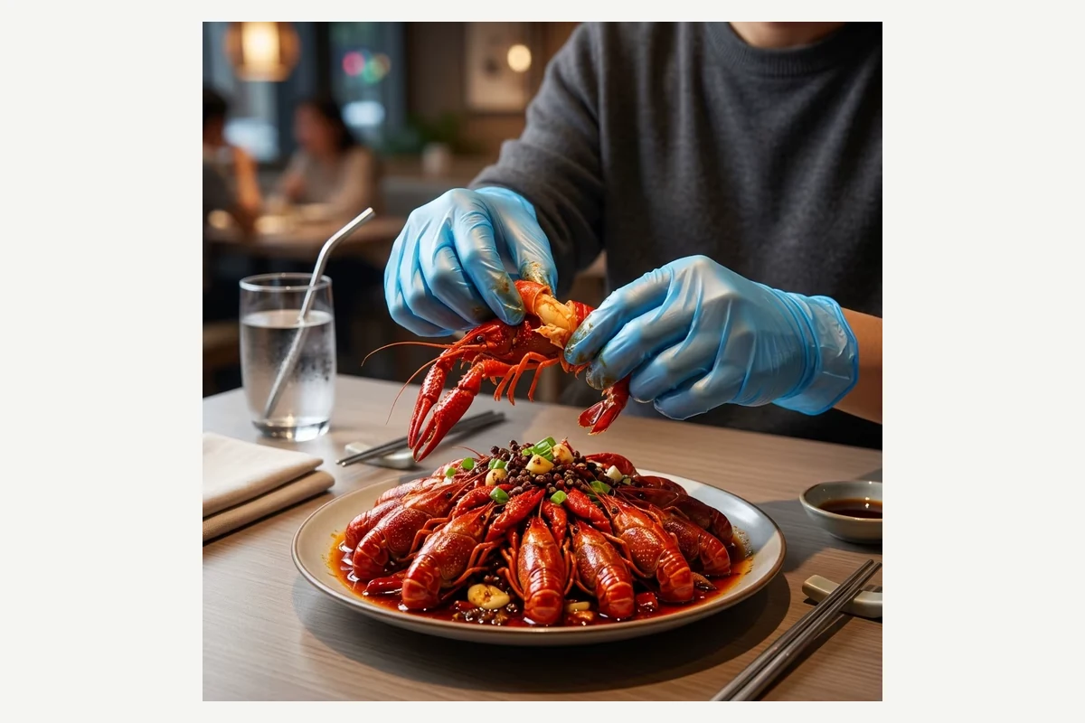 Blue disposable gloves worn while handling cooked shellfish at a table