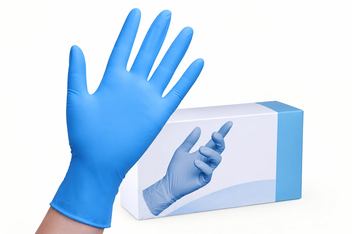 Blue disposable glove beside a blue and white retail box