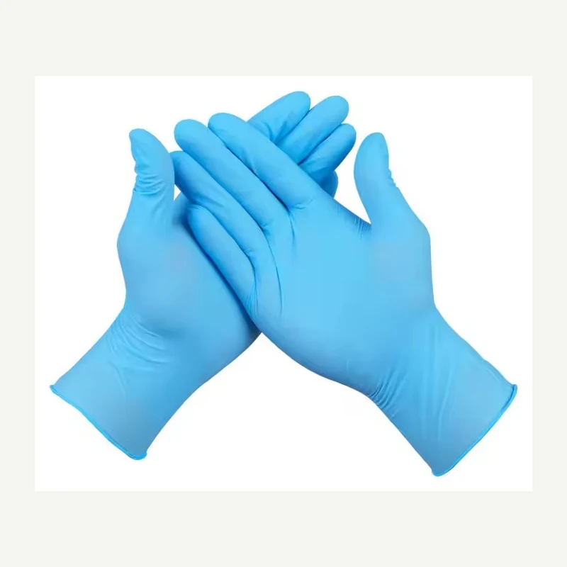 Blue nitrile disposable gloves worn on clasped hands