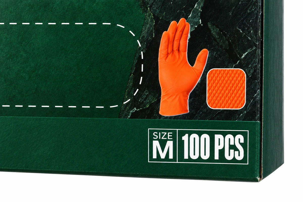 Retail glove box corner showing the printed size M and 100 PCS