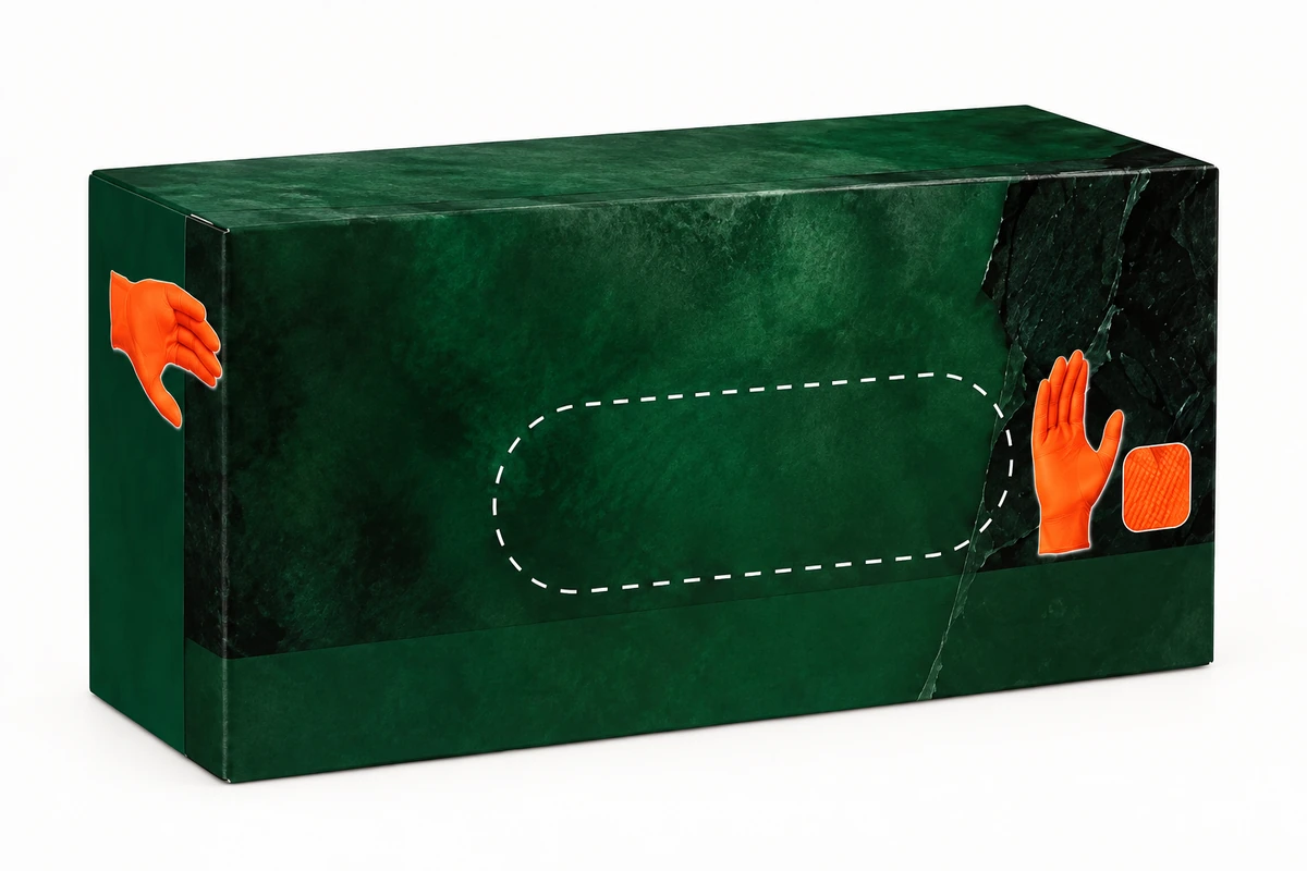 Dark green disposable glove retail box with an opening outline