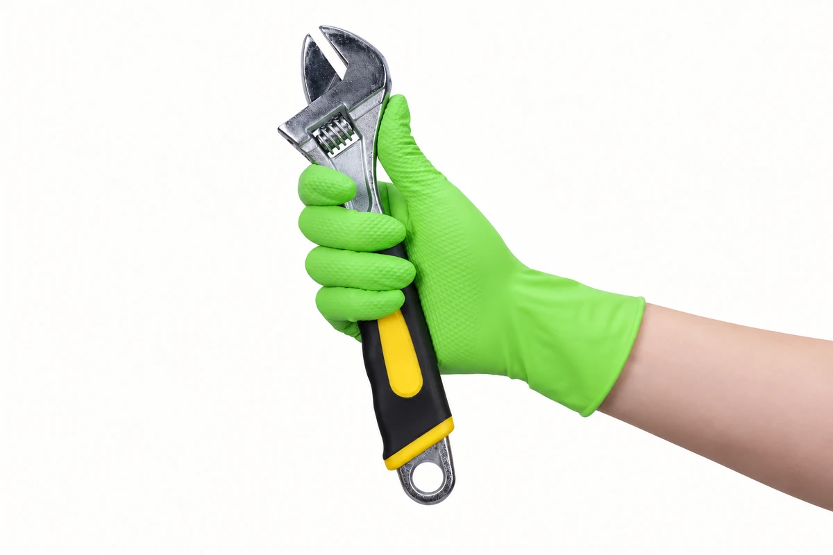 Green textured disposable glove holding an adjustable wrench