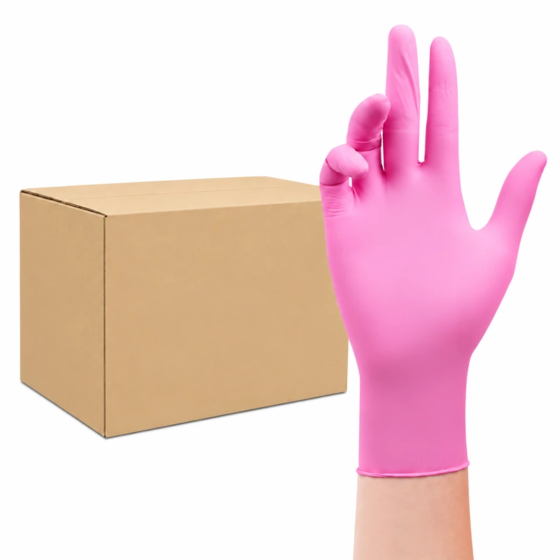 Pink disposable glove beside a plain cardboard carton