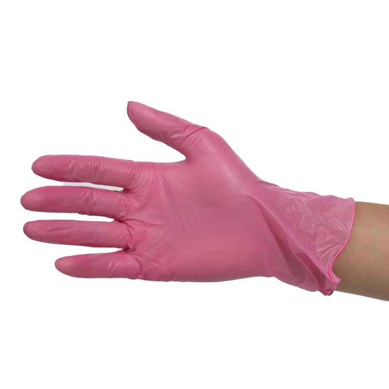 Pink disposable glove shown from the side