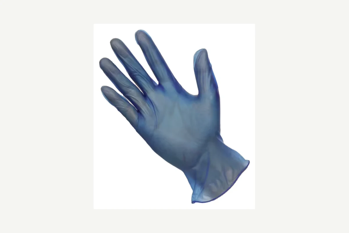 Translucent blue disposable glove with spread fingers and a loose cuff