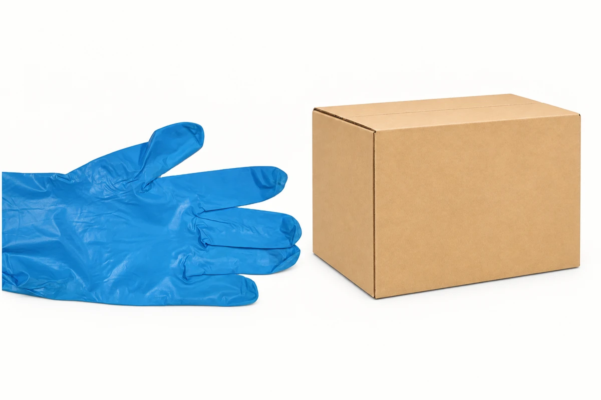 Flat blue film glove beside a plain brown shipping carton
