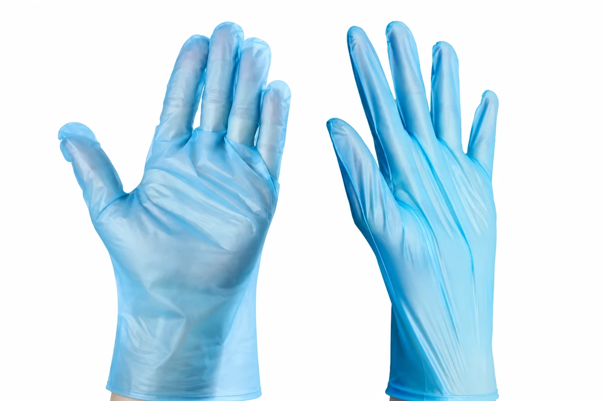 Blue film gloves showing loose fit around fingers