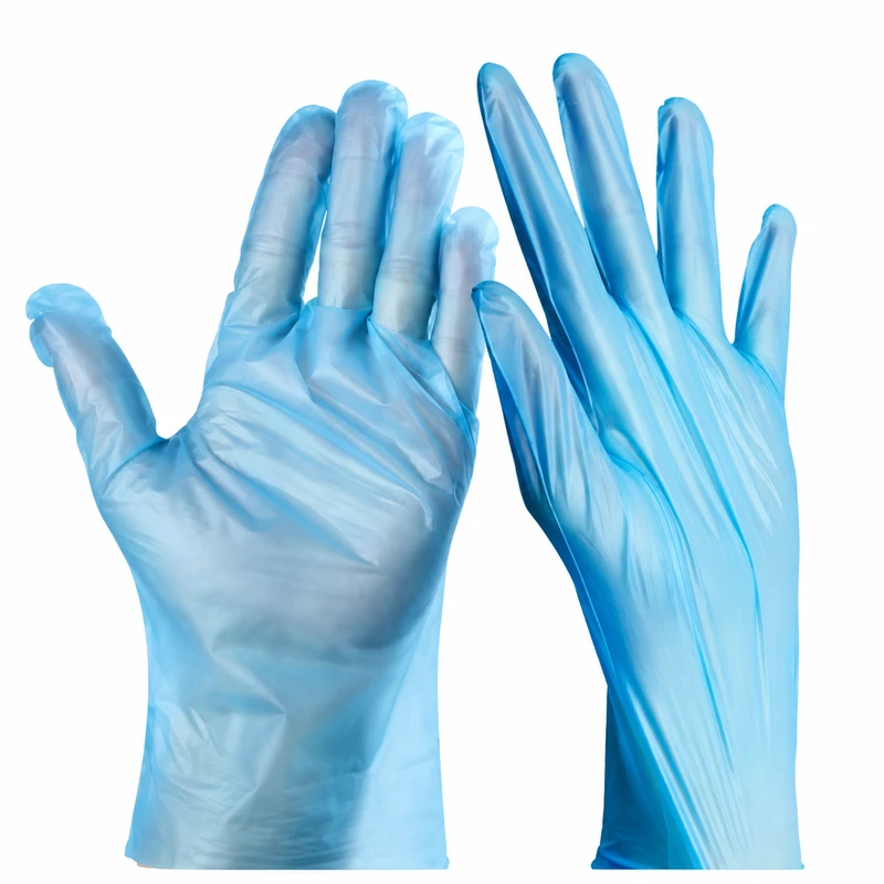 Two blue film gloves worn on hands