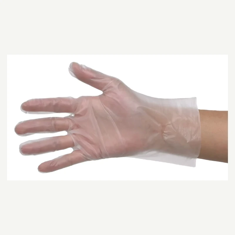 Clear disposable glove with spread fingers and a loose wrist opening
