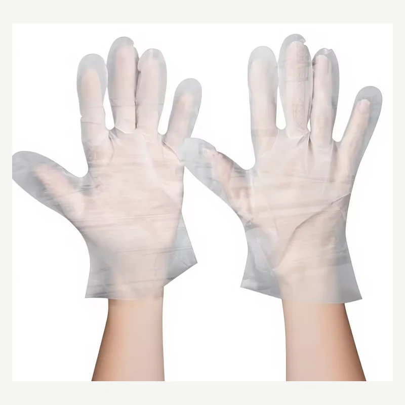 Clear loose-fitting gloves worn on both hands with open palms