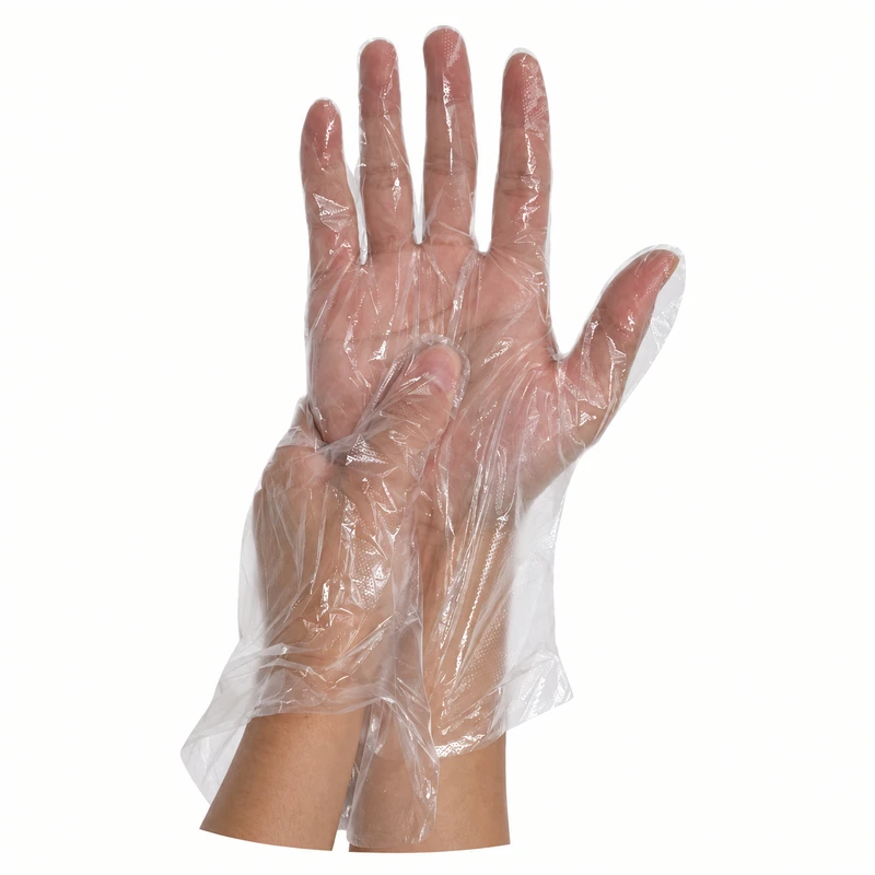 Clear loose-fitting film glove with a wide cuff worn on one hand