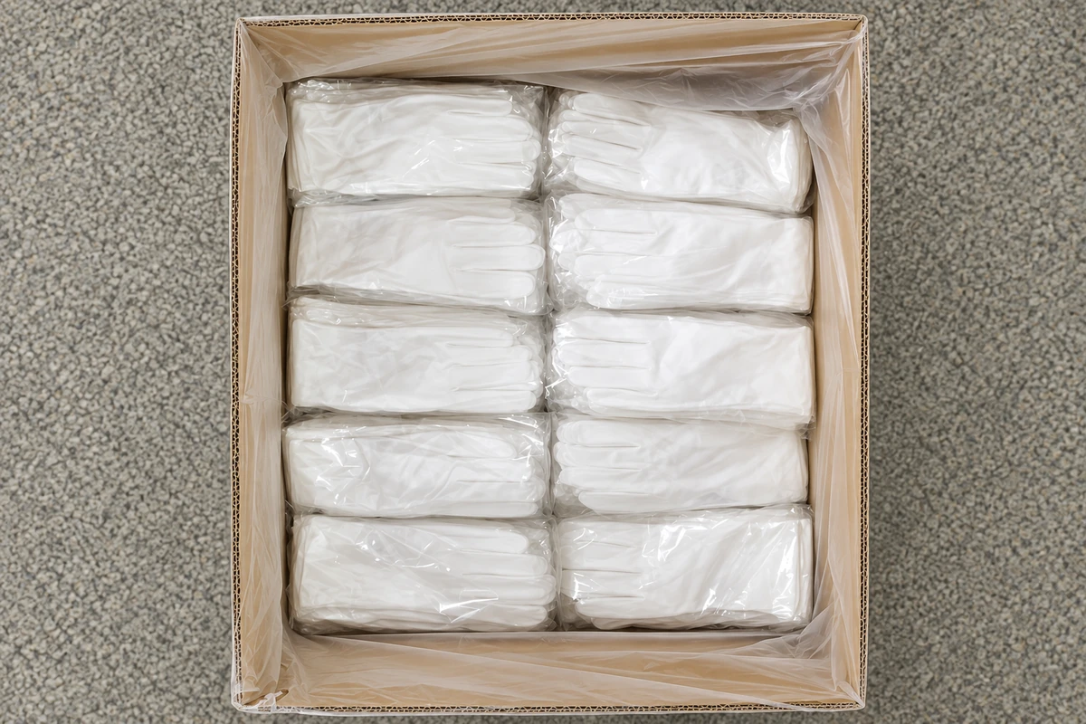 Bagged white gloves arranged in rows inside a lined carton