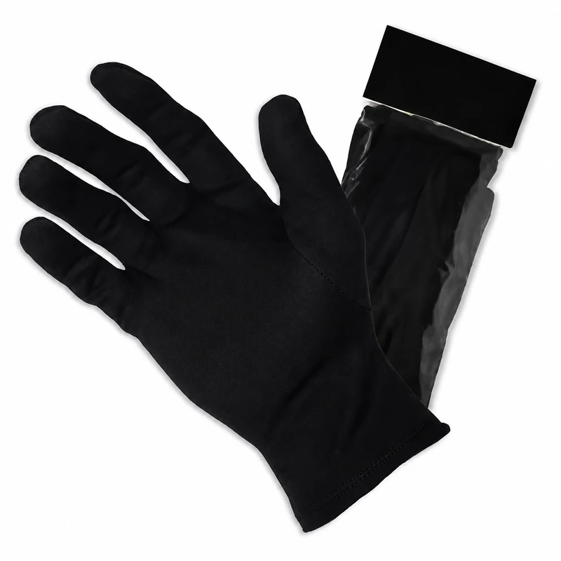 Black fabric glove beside a clear retail sleeve and black header card
