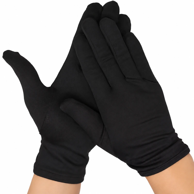 Black lightweight fabric gloves shown on both hands