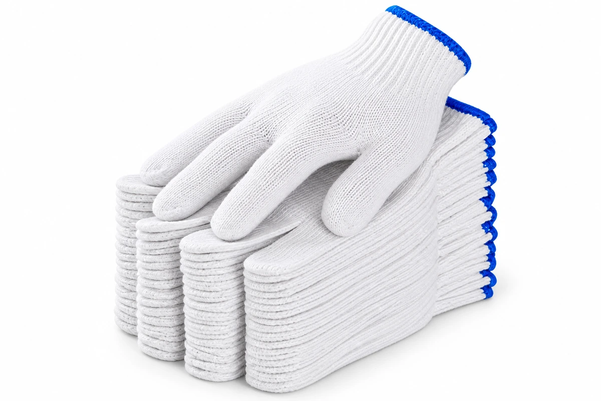 White knitted gloves stacked beneath a pair with blue cuff edges