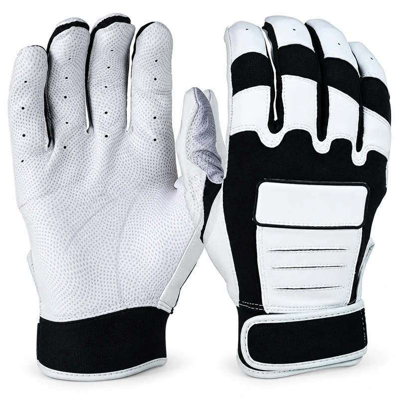 White and black baseball batting gloves showing palm and padded back
