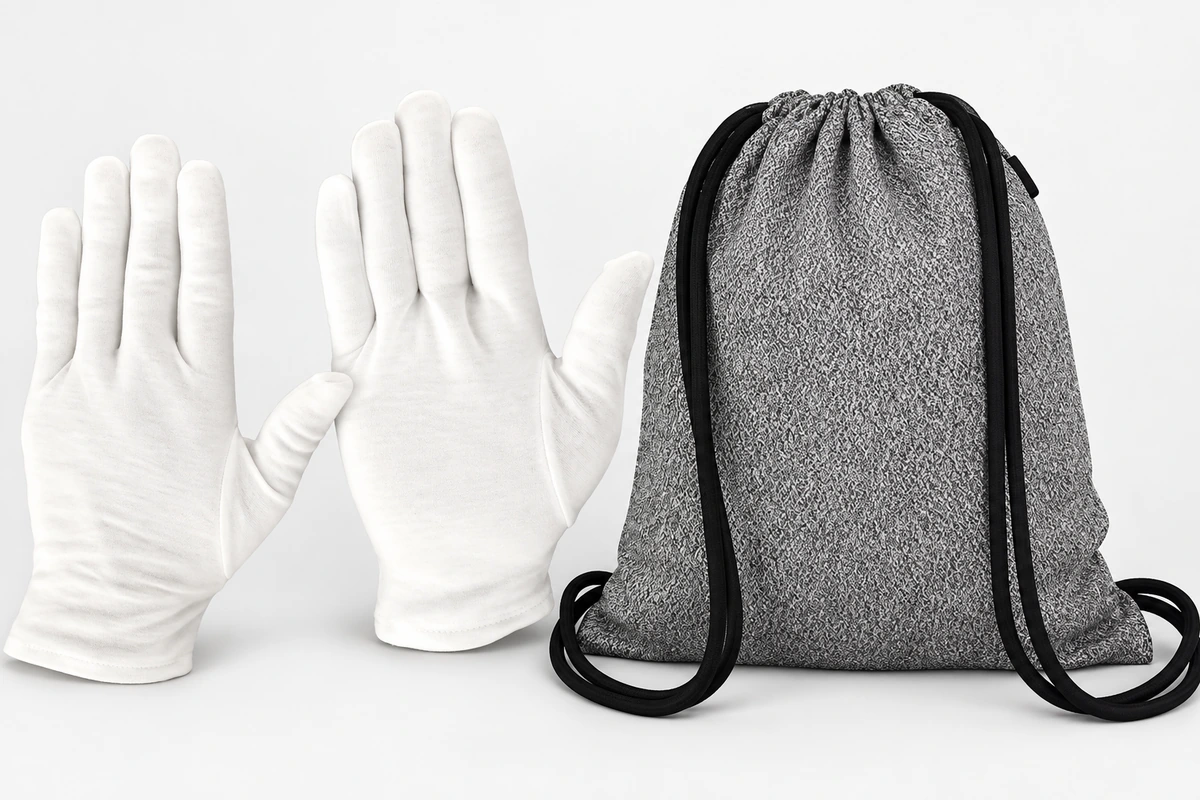 White fabric gloves beside a gray drawstring bag with black cords