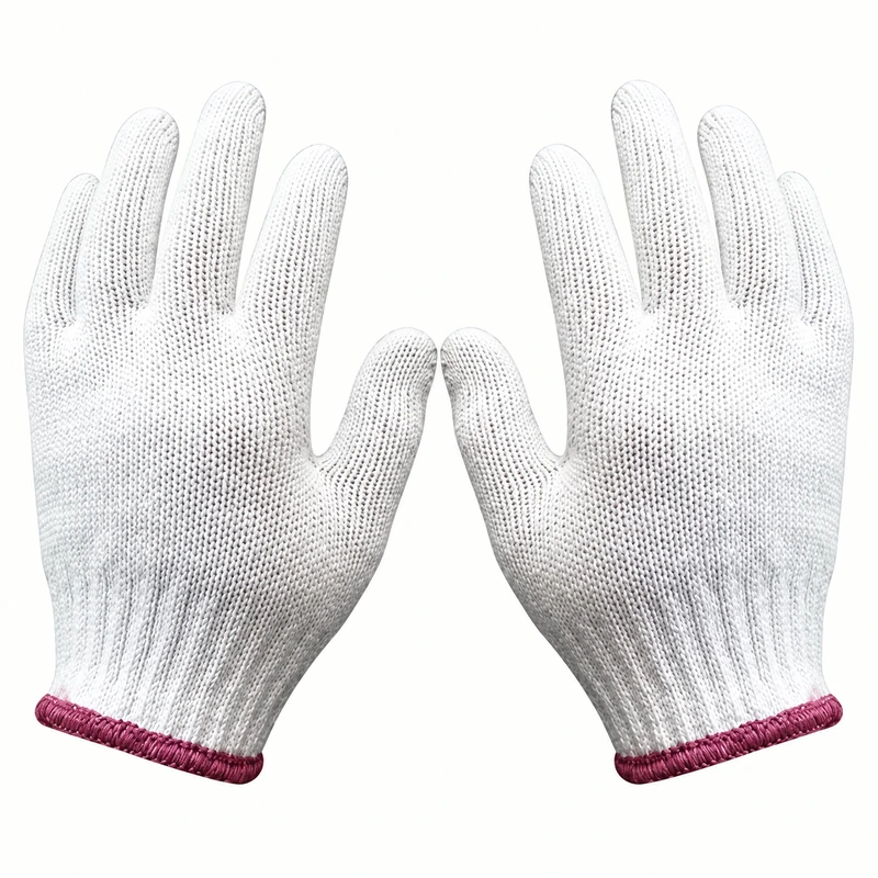White knitted glove pair with burgundy cuff edging