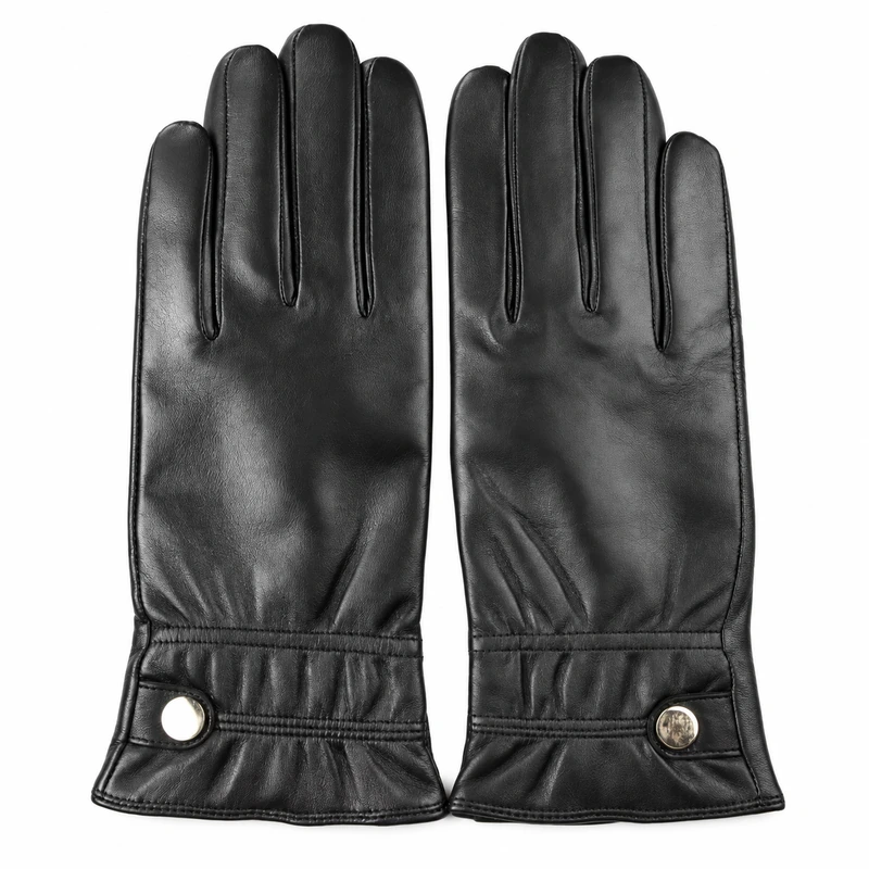 Black leather gloves with snap wrist tabs