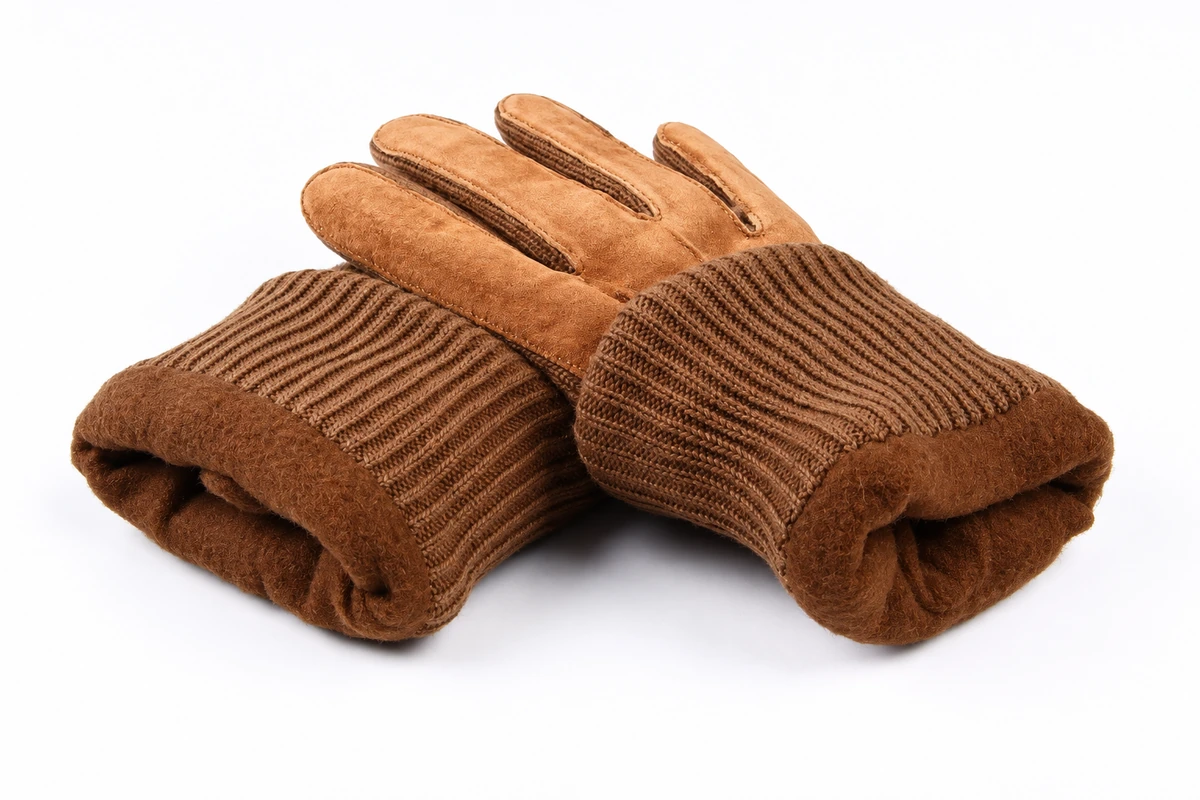 Brown gloves folded to show knit cuffs and inner surfaces
