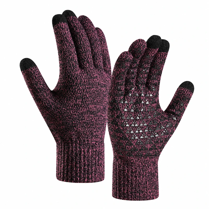 Burgundy marled knitted gloves with black fingertips and patterned palms