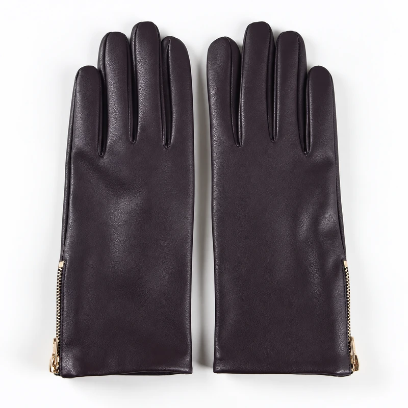Dark plum leather gloves with side wrist zips