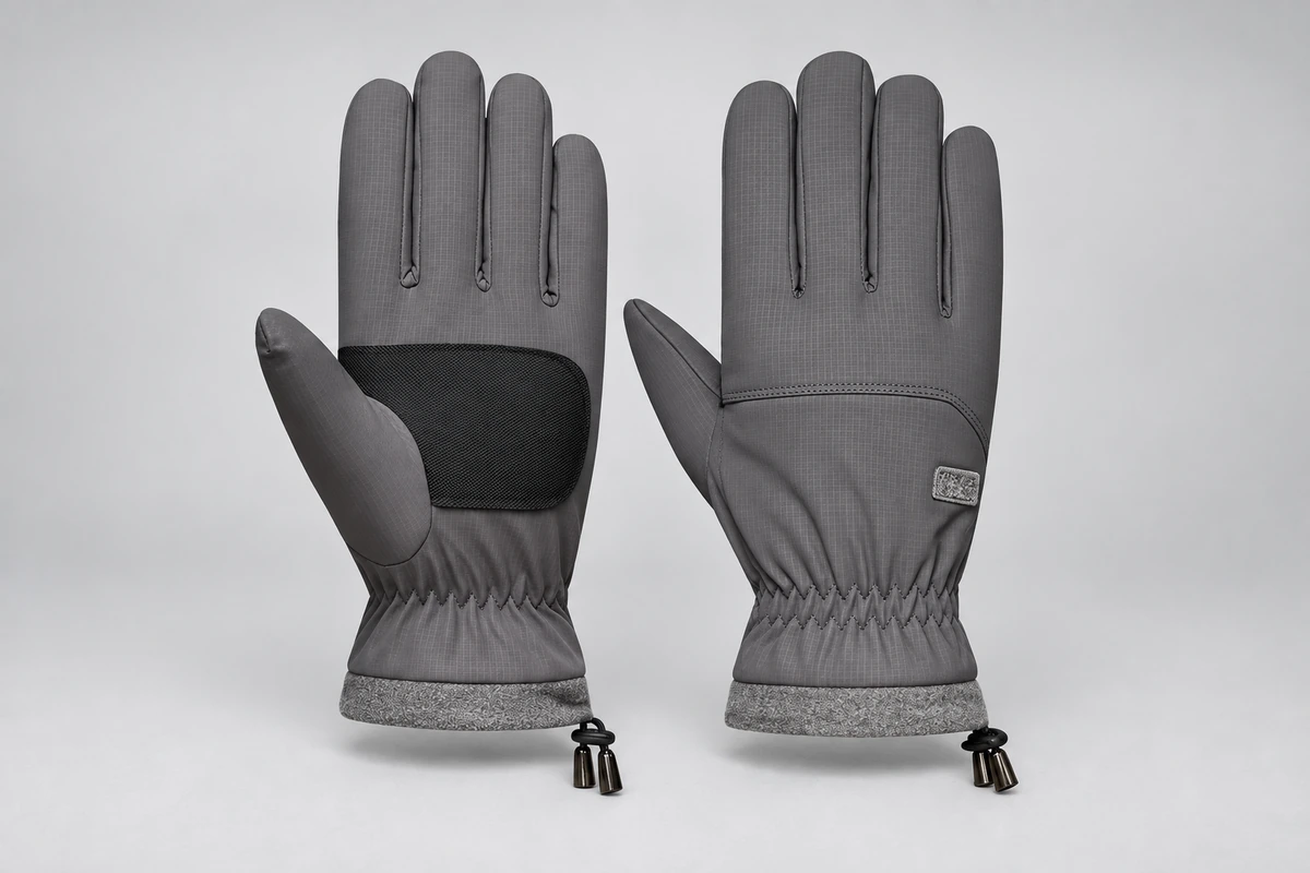 Gray winter gloves showing shell, palm panels and gathered cuffs