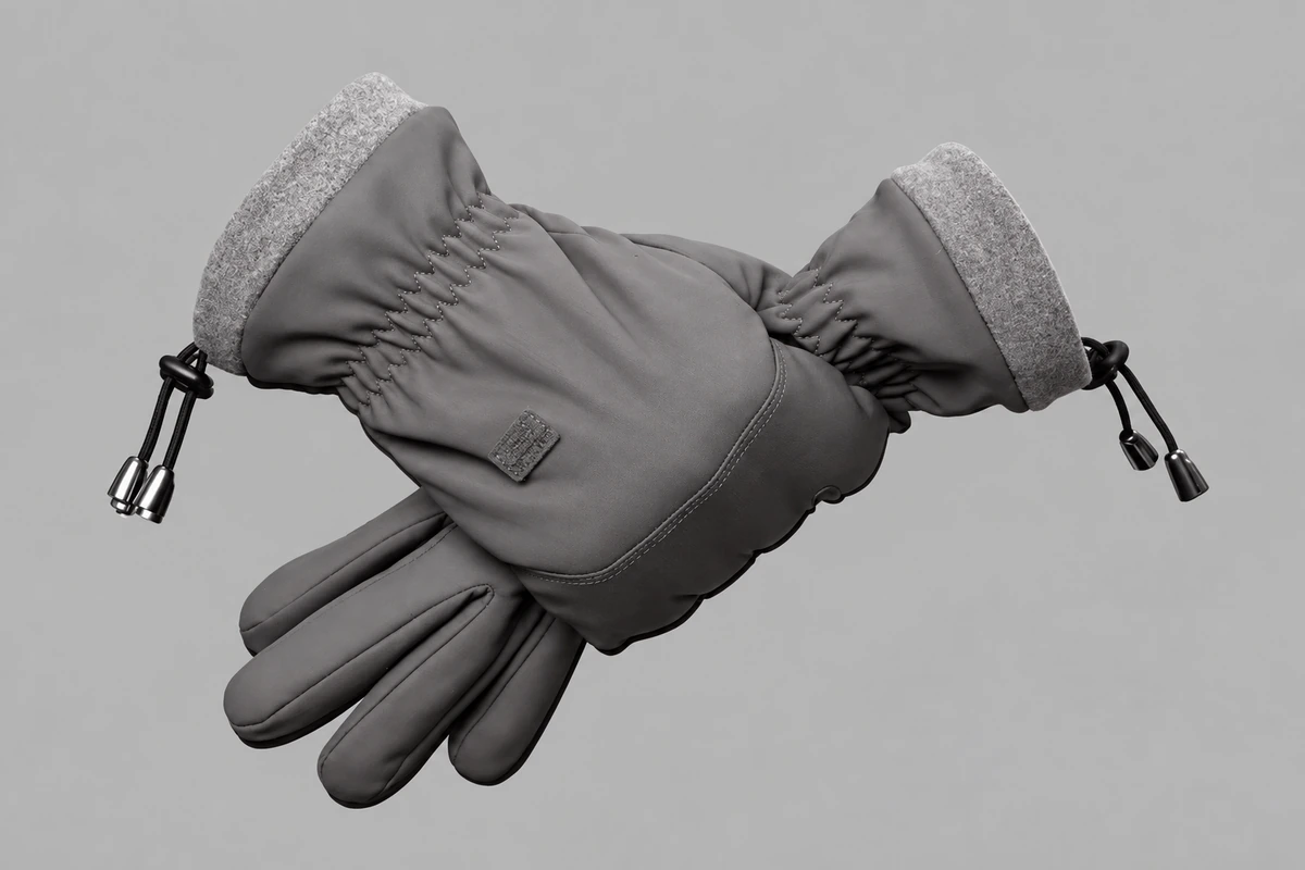 Gray winter gloves worn with hands flexed together