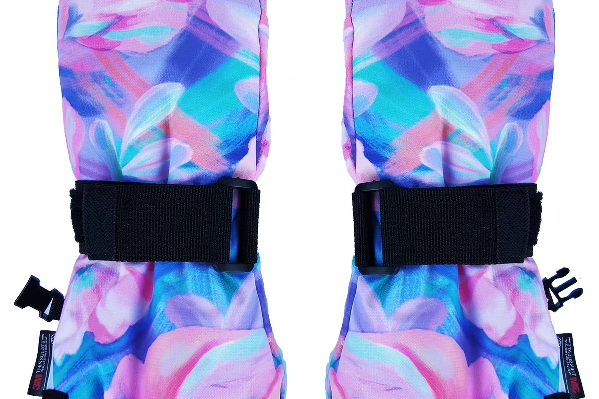 Pink, purple and blue winter glove cuffs with broad black wrist straps