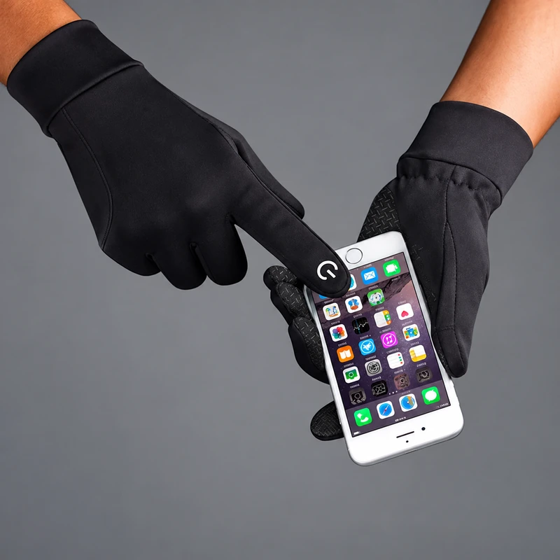 Black gloved index finger touching a white smartphone