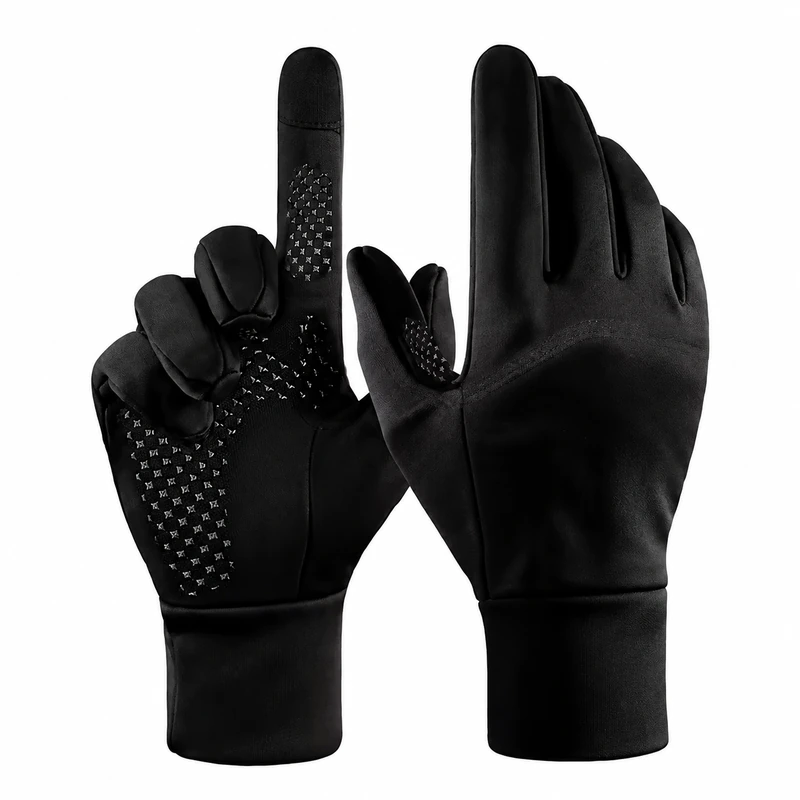 Black gloves with one index finger raised and patterned palm visible