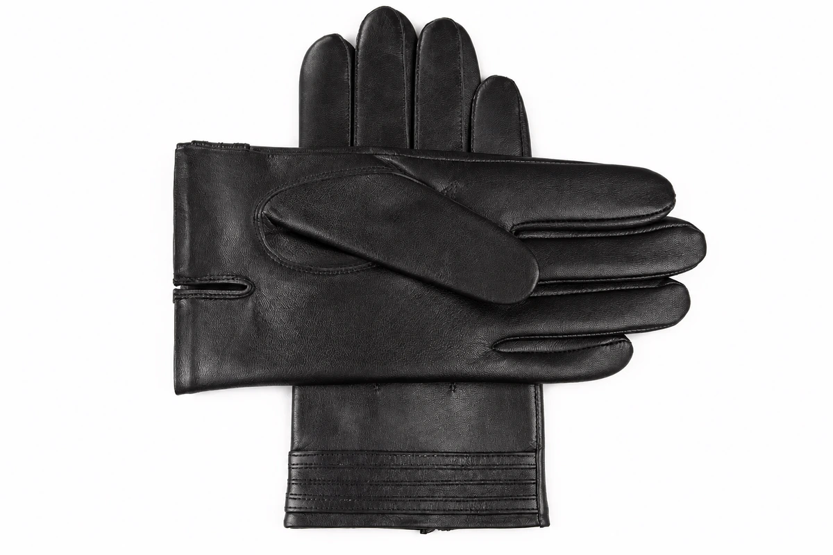 Black leather glove pair showing palm and back panels