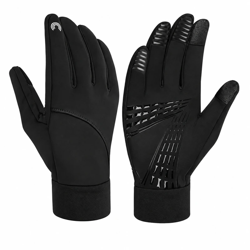 Black winter gloves showing palm grip pattern and ribbed cuffs